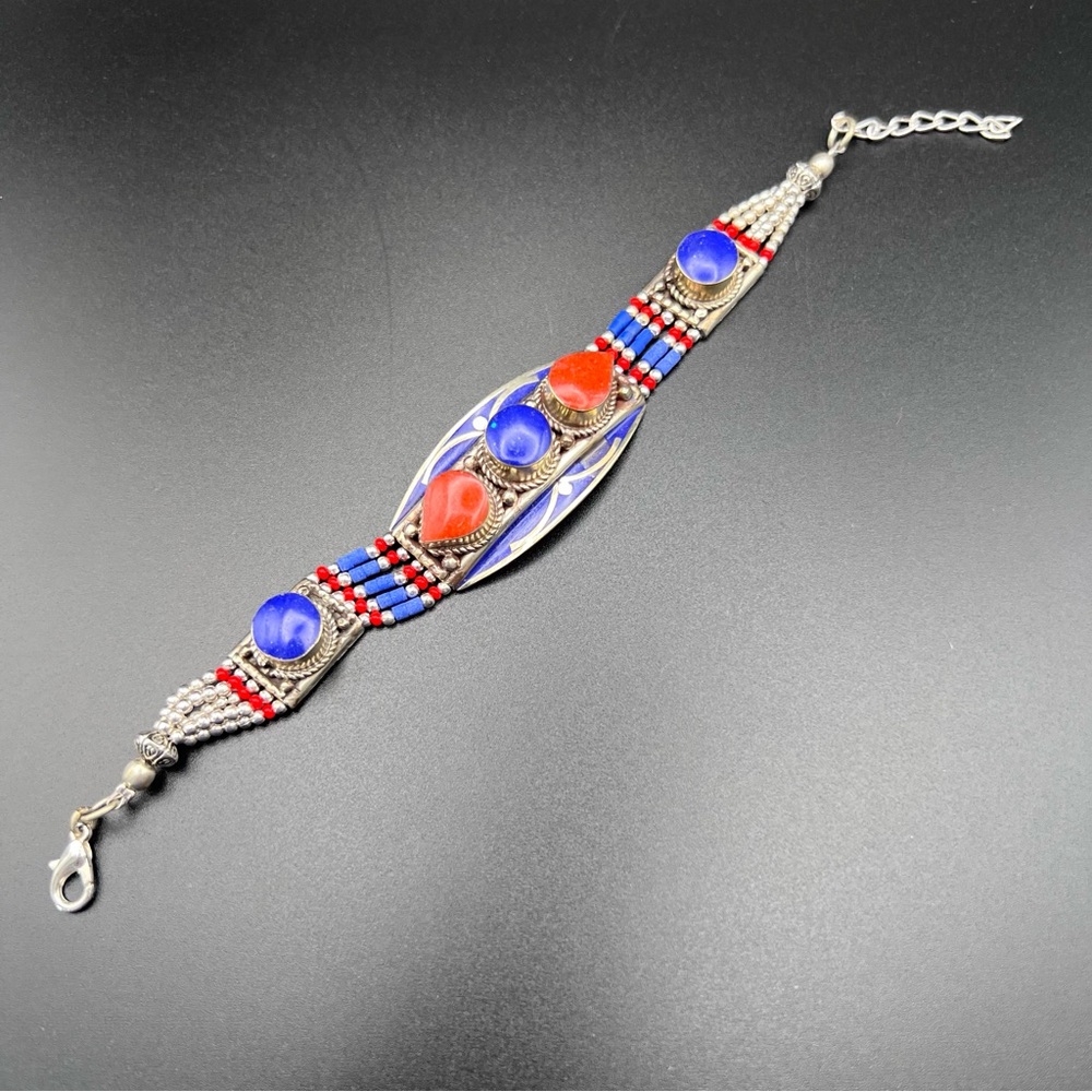 Tibetan Silver Bracelet: lapis & coral